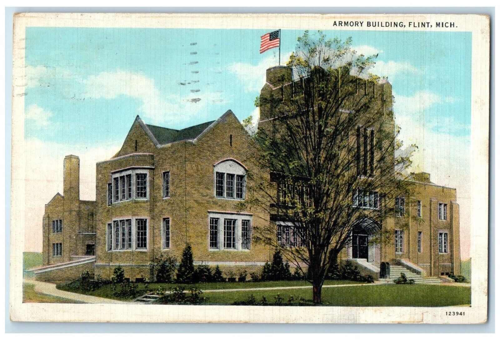 1938 Exterior View Armory Building Flint Michigan MI Antique Vintage Postcard