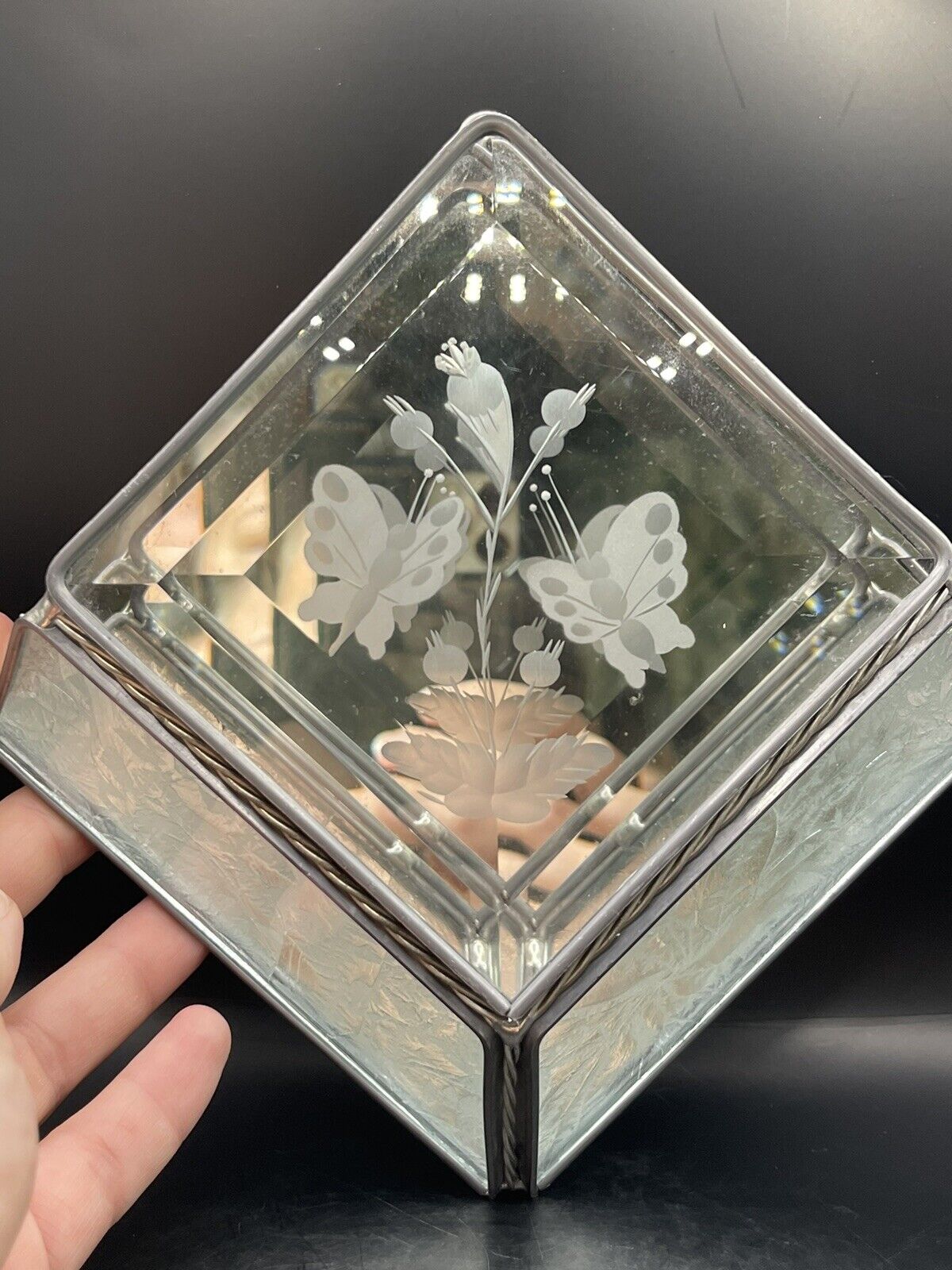Beautiful Etched Butterflies W/Florals Glass & Mirror Wall Pocket