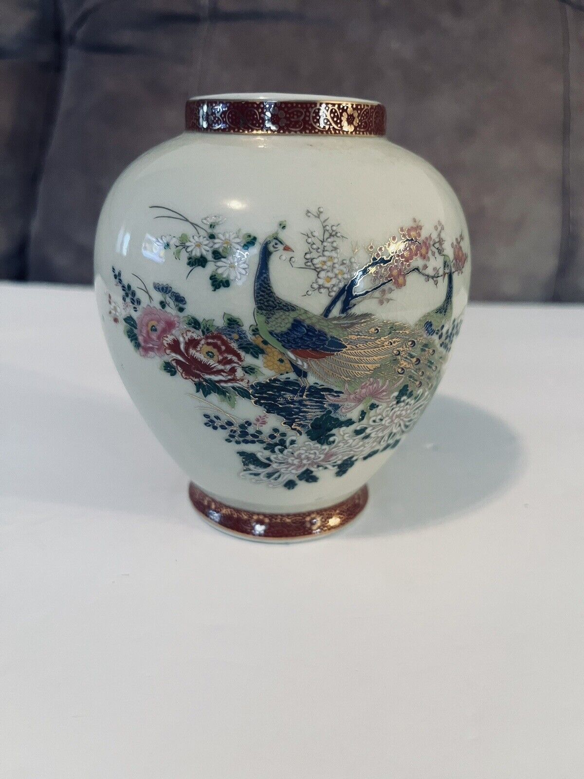 Vintage Satsuma Vase Peacocks Arnart Imports 1979 Japan Ginger Jar Porcelain