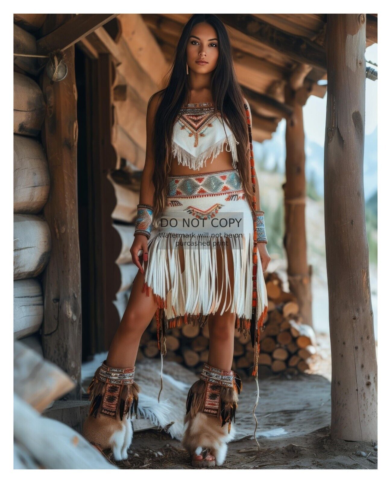 GORGEOUS YOUNG NATIVE AMERICAN LADY LOG CABIN 8X10 FANTASY PHOTO