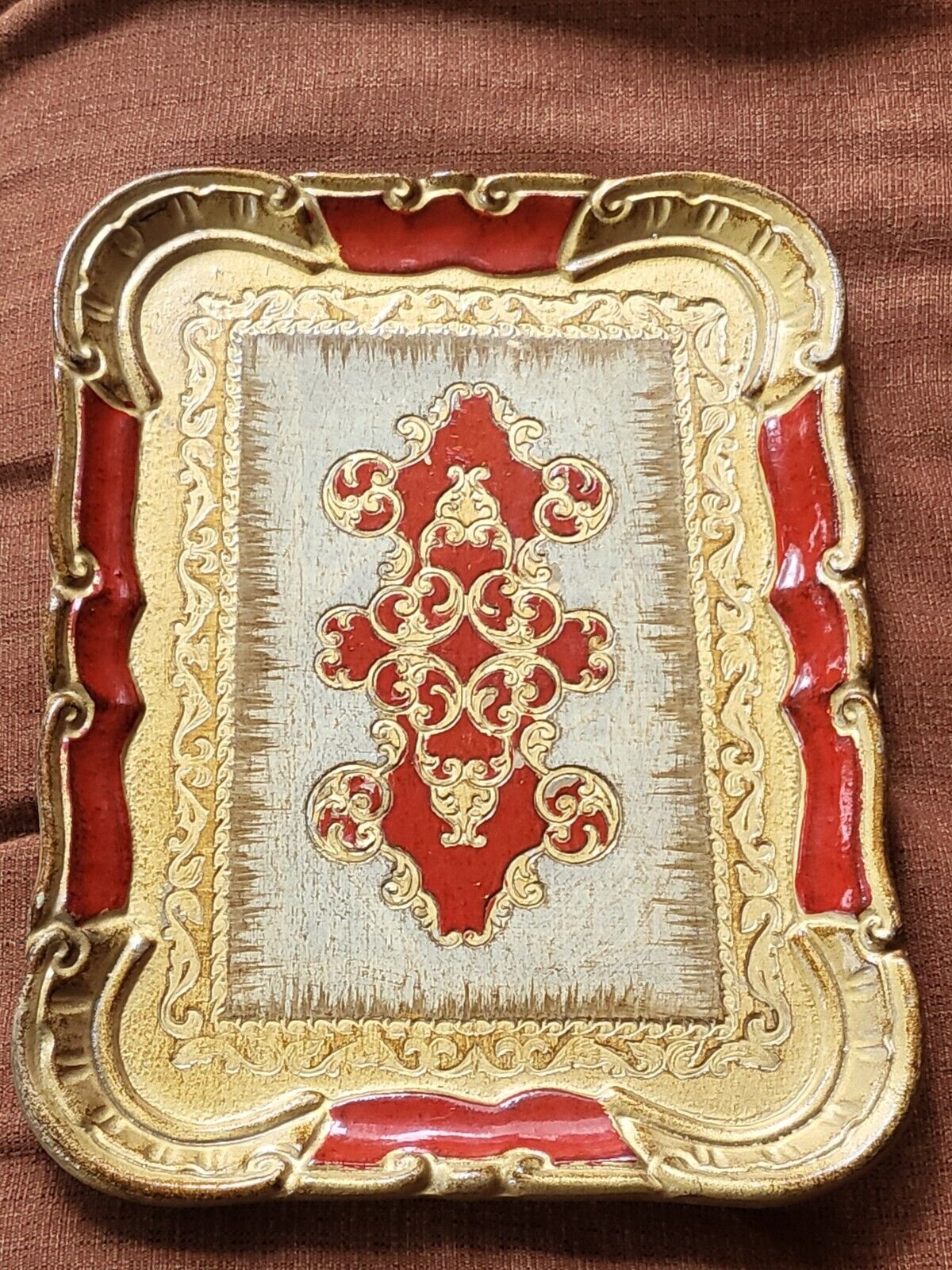 Vintage Italian Florentine Serving TRAY Ornate Red Gold Gilt 11” x 8 1/4\