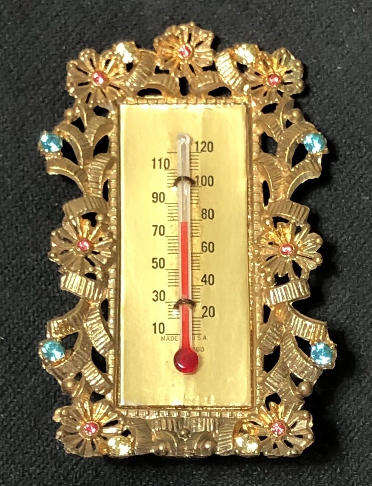 Vintage Brass Desk Table Thermometer Jeweled Floral Frame Desktop Office