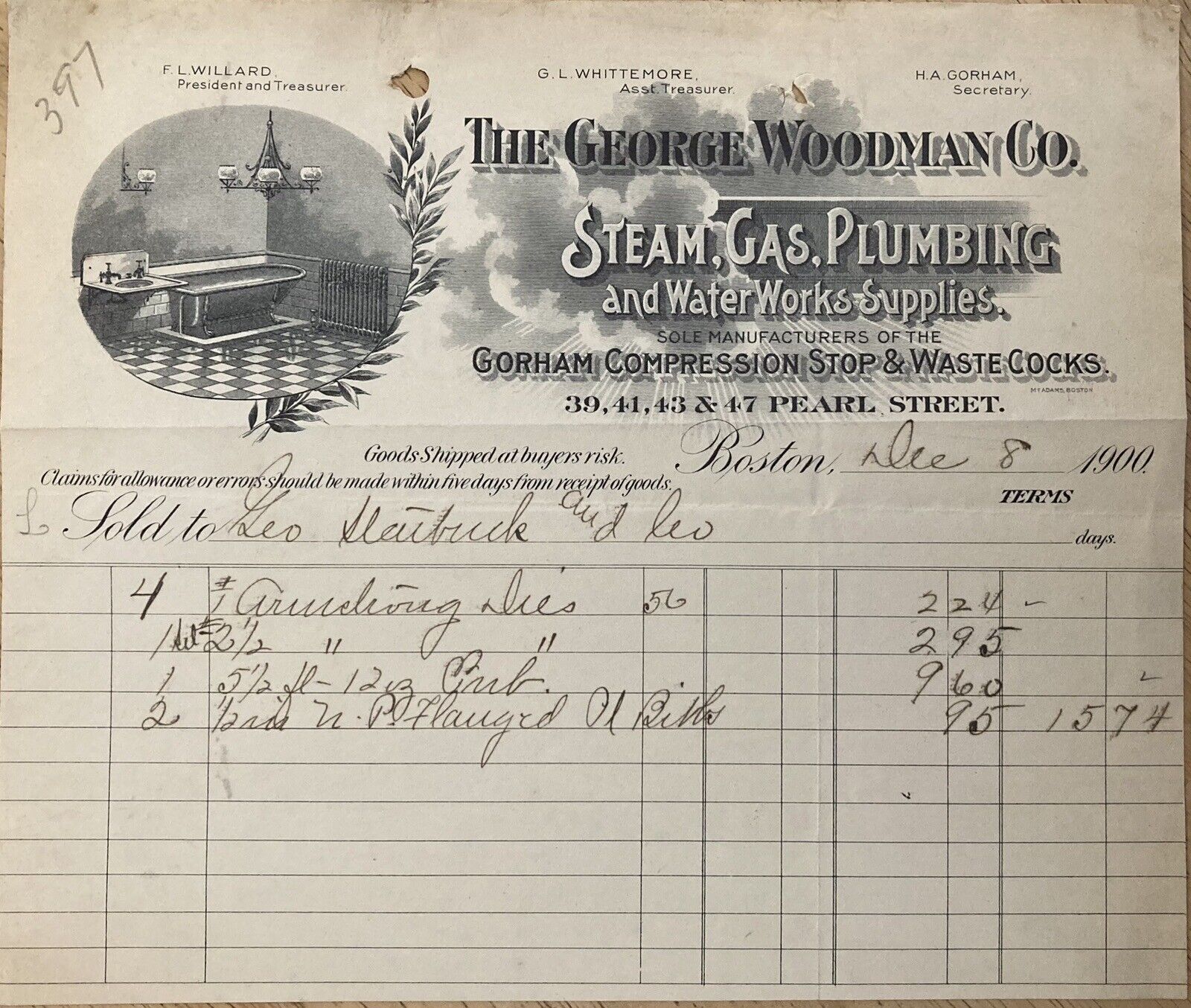 1900 BILLHEAD~THE GEORGE WOODMAN CO. PEARL ST. BOSTON. STEAM, GAS AND PLUMBING