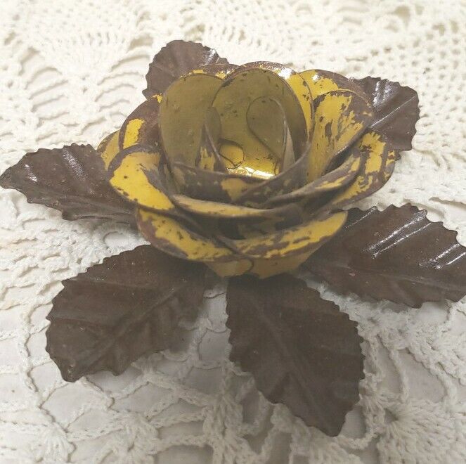 Vintage Metal Yellow Flower Brown Leaves Magnet On Bottom  4\