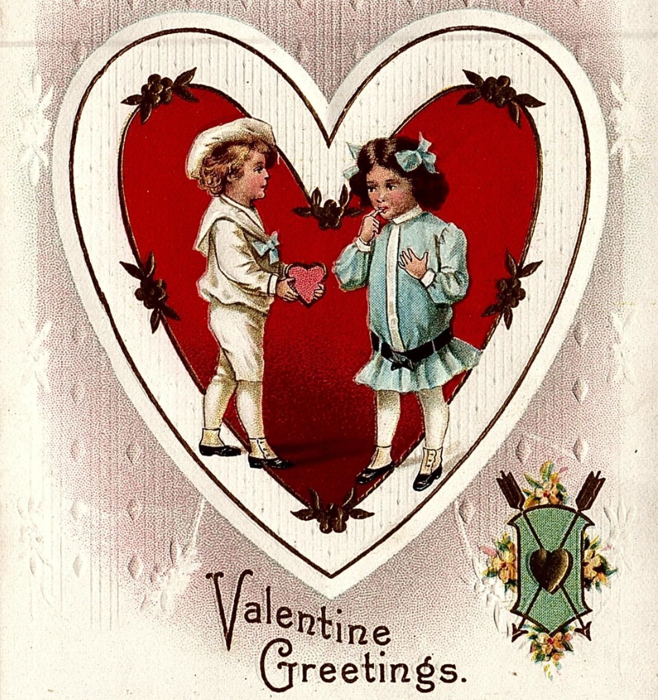 1912 VALENTINE GREETINGS VICTORIAN CHILDREN HEARTS EMBOSSED POSTCARD 26-238
