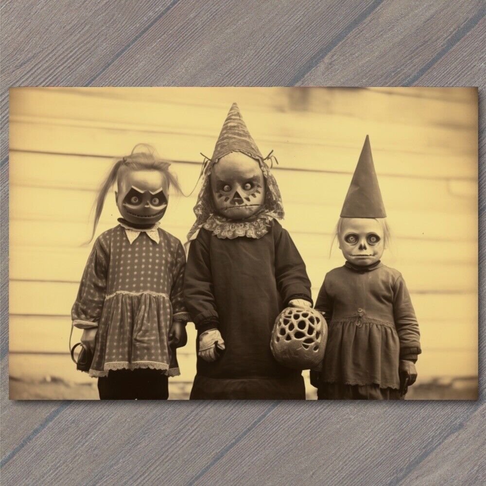 POSTCARD Weird Creepy Vintage Vibe Kids Masks Halloween Unusual Family H