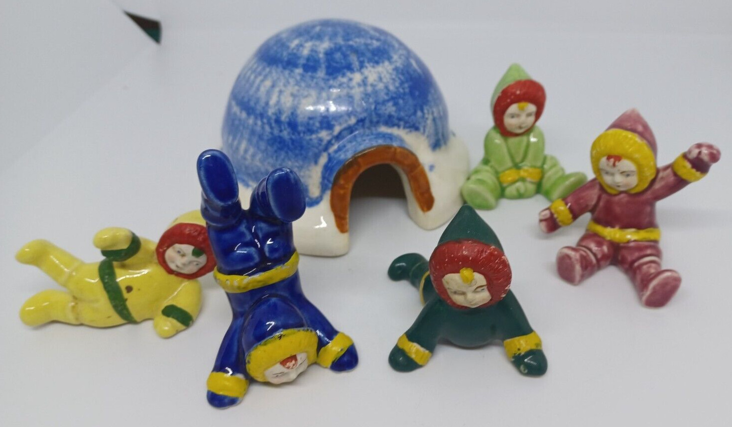 Vintage Rare Antique 1950 Murray Kreiss Japan Porcelain Igloo & 5 Snow Kids READ