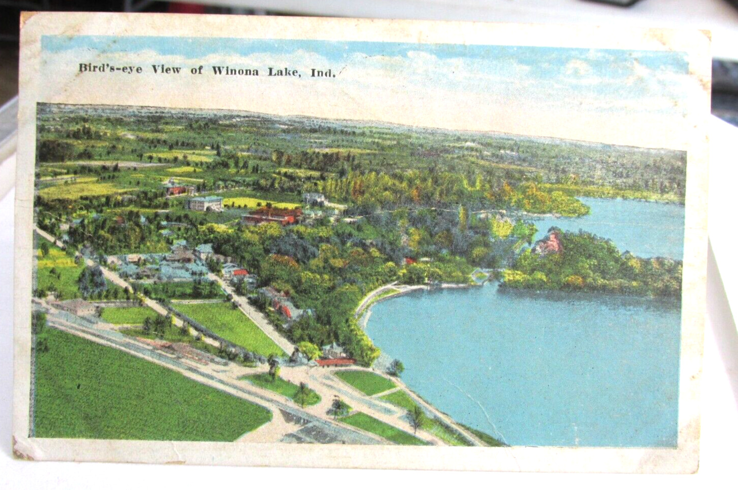 1922 WINONA LAKE INDIANA In. Postcard Birds-Eye View Warsaw Indiana Lake Scene