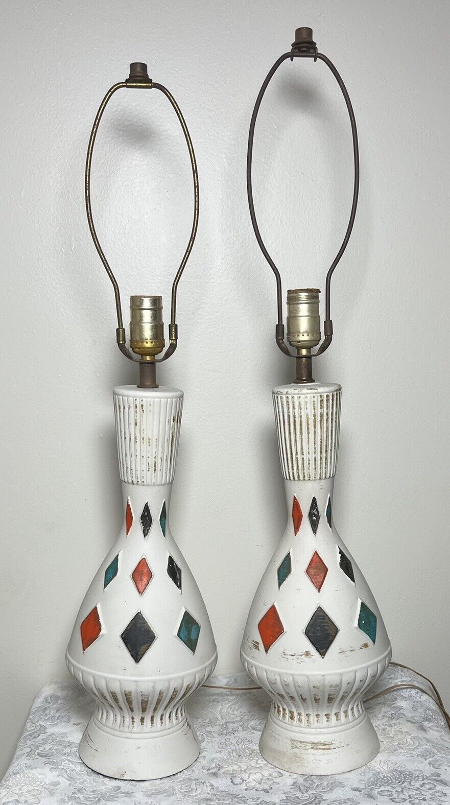 Vtg PAIR MCM Table Lamps Atomic Red Blue Green Diamonds Rare Find Retro Works