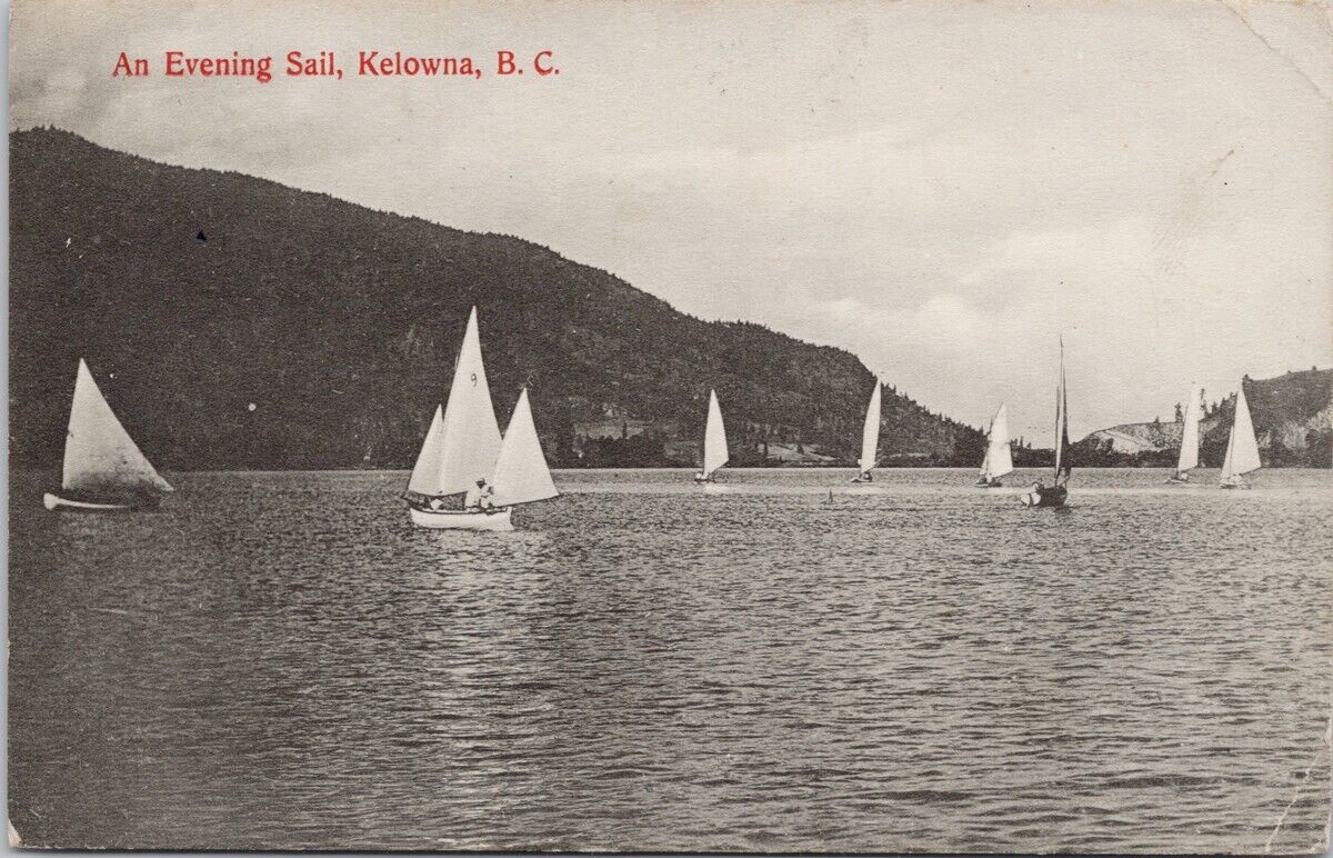 Kelowna BC Evening Sail Sailboats Crawford Co c1911 Duplex Cancel Postcard E82