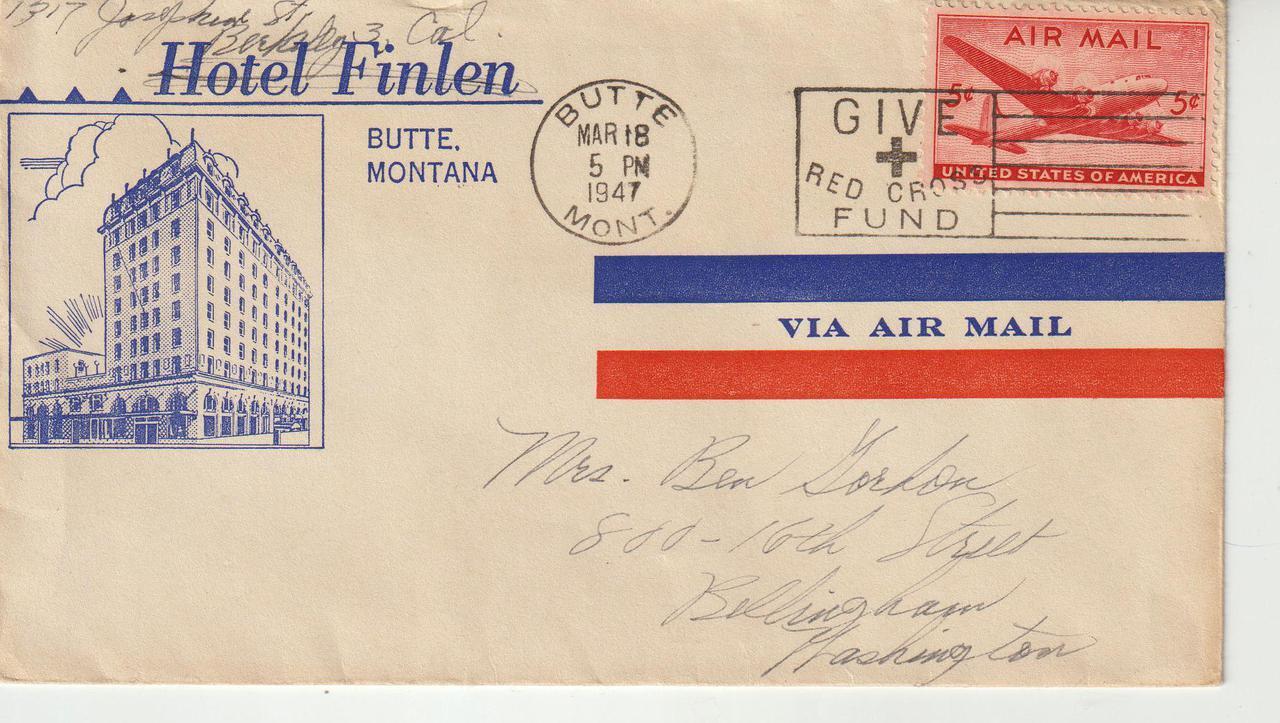 Butte Montana 1947 HOTEL FINLEN Airmail Cover to Washington VF