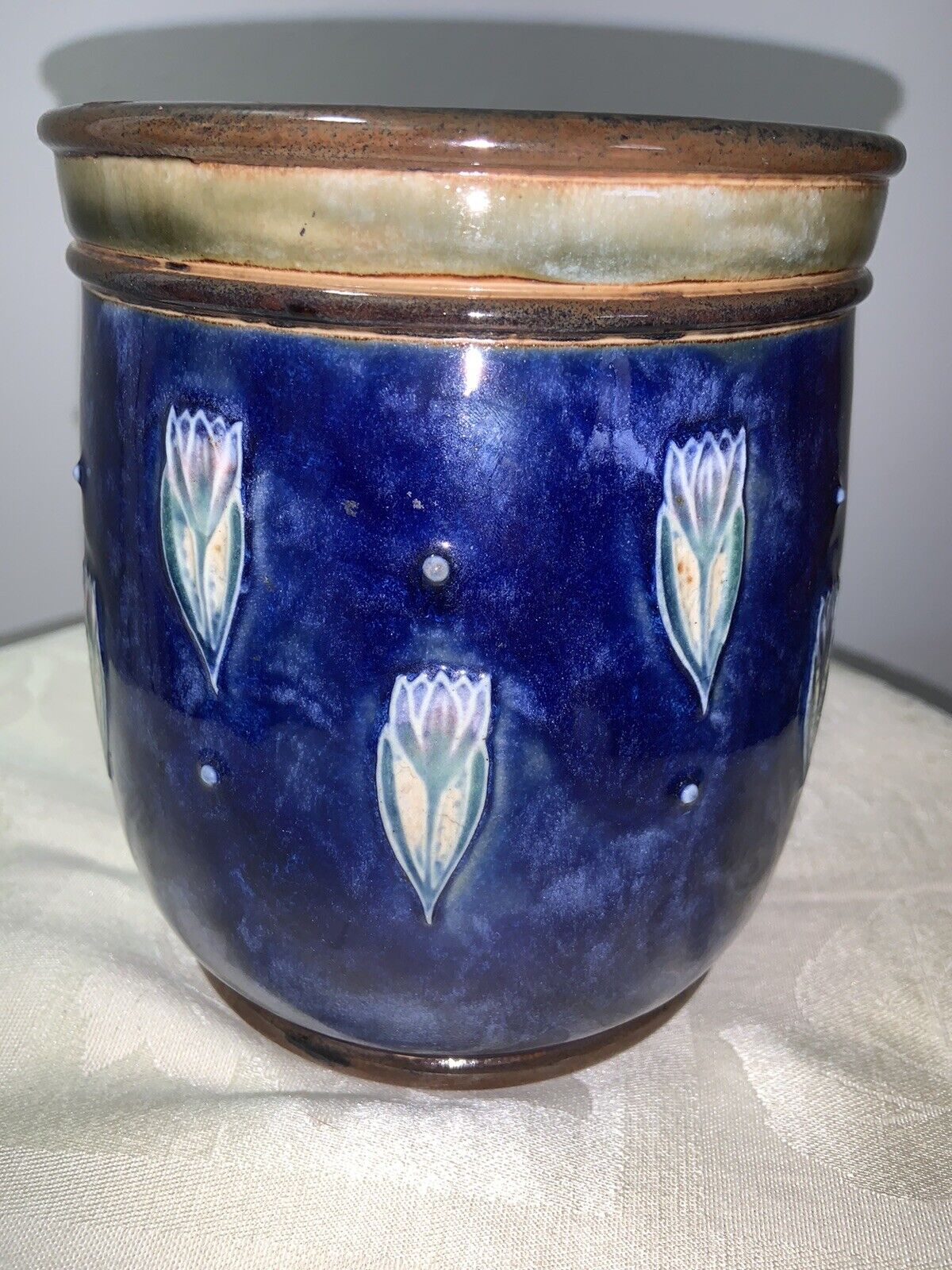 Antique Royal Doulton Hand Painted Tobacco Jar Pot Humidor Blue TULIPS Flowers
