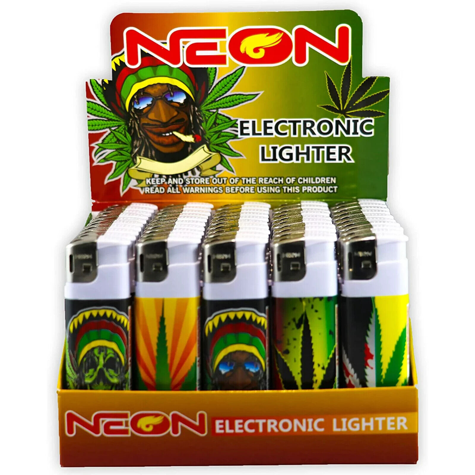 Rasta Neon Electronic Disposable Lighters, Wholesale Pack of 50- Assorted Colors
