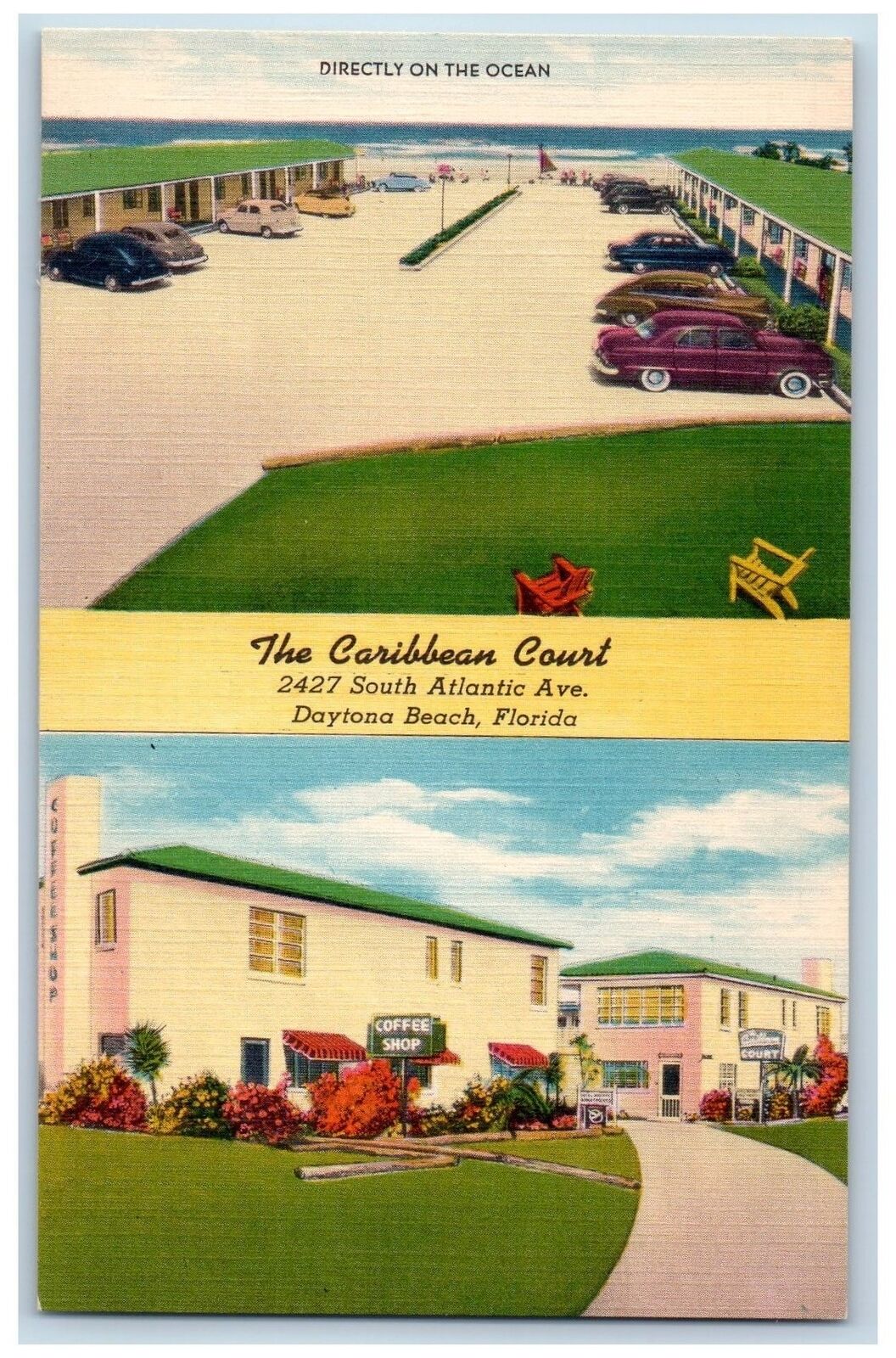 c1940\'s Daytona Beach Florida The Caribbean Court Classic Cars Cottages Postcard
