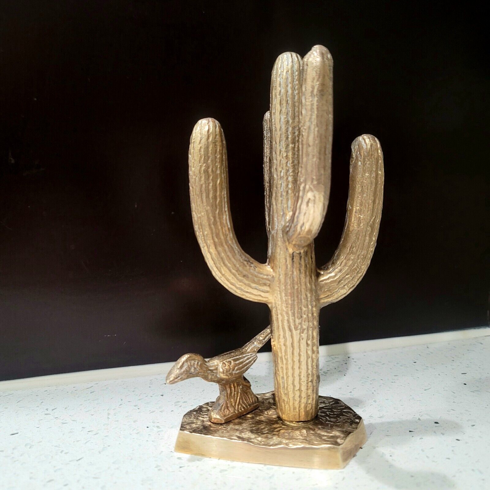 Vintage Brass Cactus with Roadrunner Sculpture Approximately 8.5\