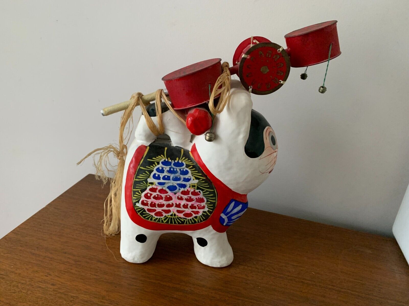 Vintage Japanese *LARGE* Paper Mache Dog Denden Taiko Inu Hariko Folk Art H:11