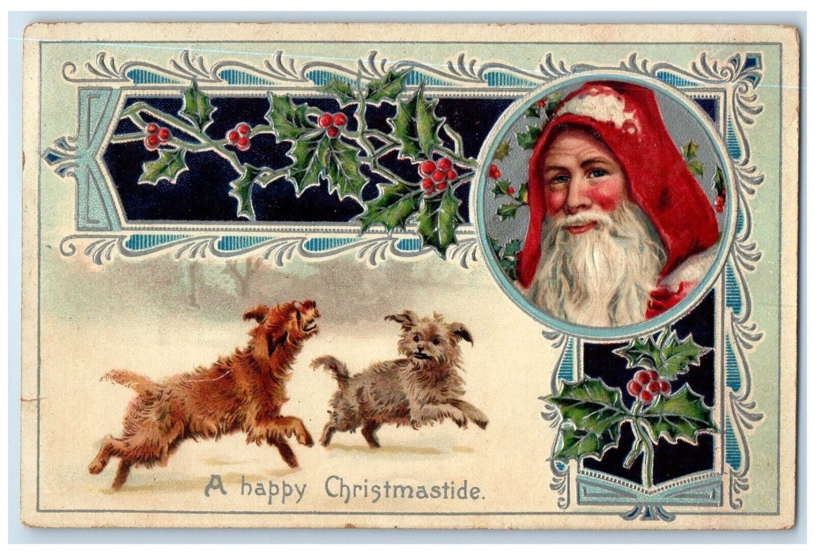 1911 Christmas Sana Claus Holly Berries Terrier Dog Lincoln Nebraska NE Postcard