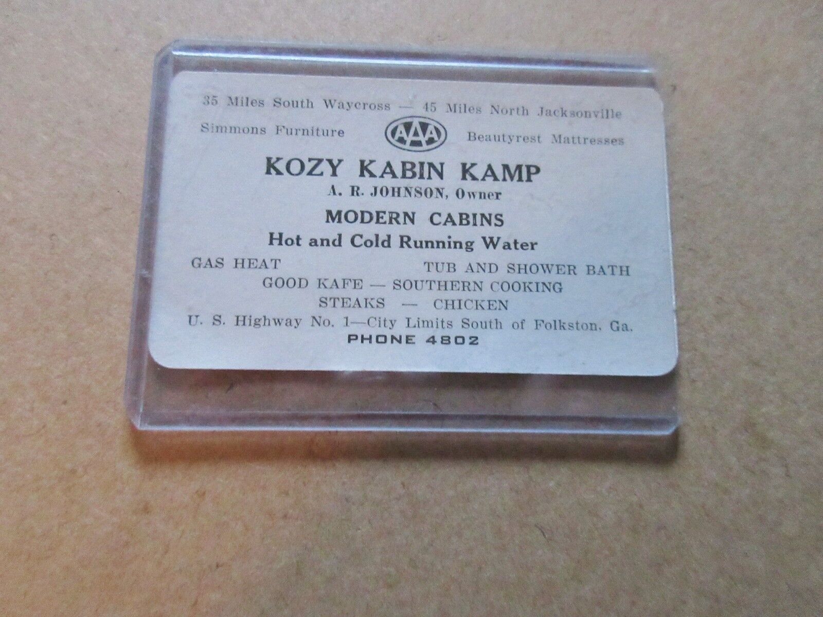 Folkston, Georgia KOZY KABIN KAMP Route 1n c1940s business card VINTAGE