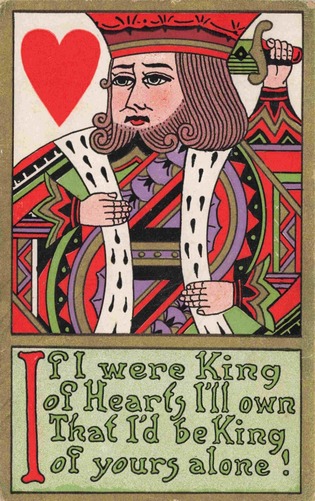 Brightly Colored King of Hearts c1909 Vintage Romantic Gold Border Postcard