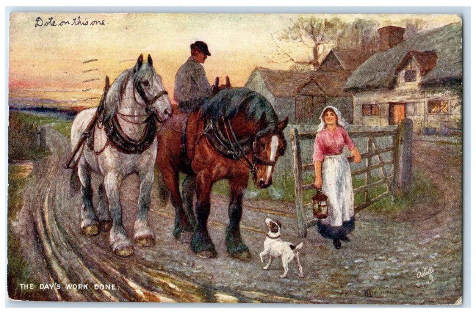1908 Famer Horses The Day\'s Work Done Hand Drawn Art Pen Crying Child Postcard