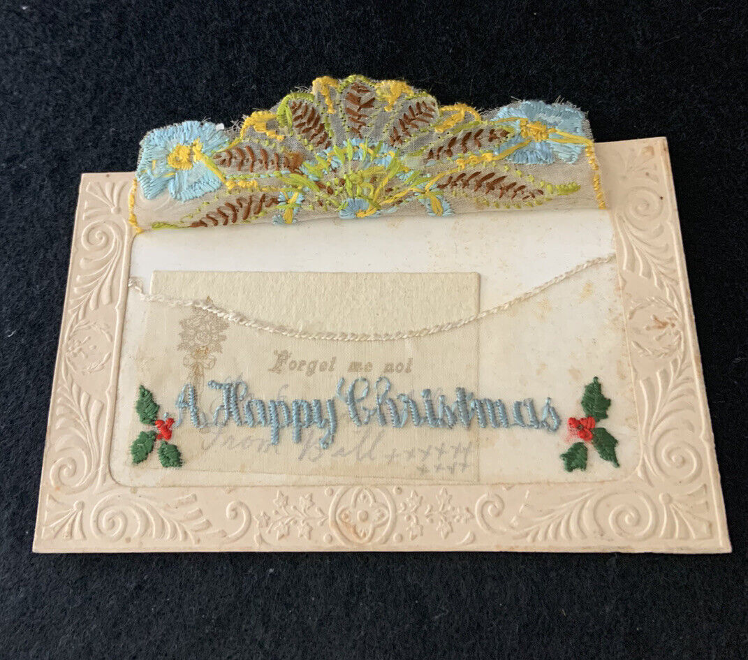 CIRCA 1910 FRANCE - HAPPY CHRISTMAS SILK EMBROIDERED POSTCARD HAS FLAP POCKET