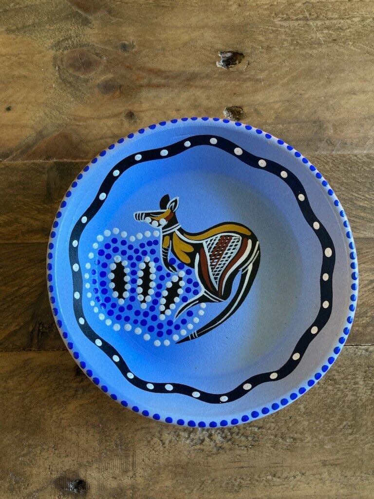 Aboriginal art Waterhole Dreaming Australia kangaroo blue trinket dish handmade