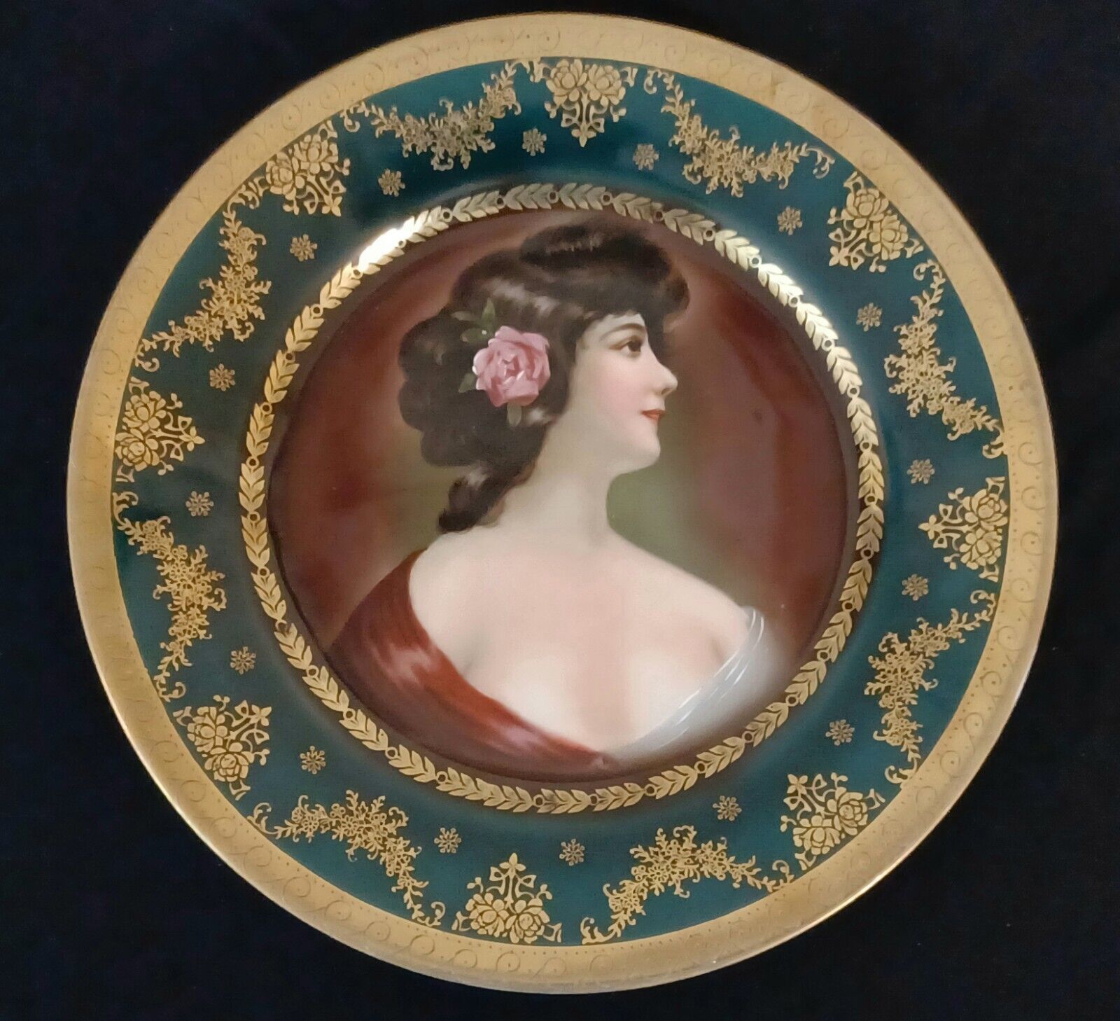 Antique Royal Vienna Porcelain Portrait Plate Signed Wagner Green Bavaria Dish