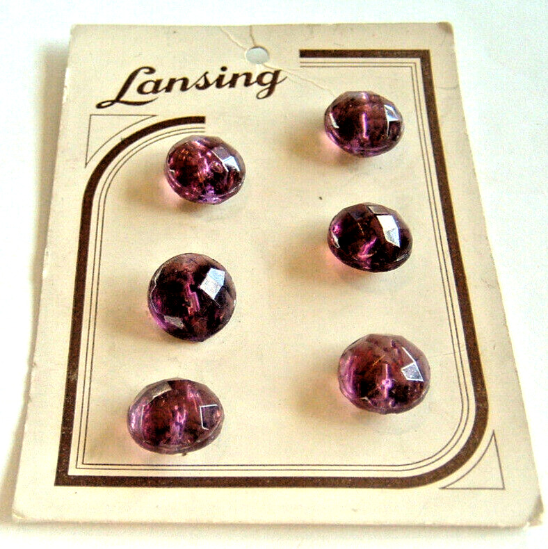 6 Fine Vintage Small Transparent Purple Glass Buttons With Square Facets on Card