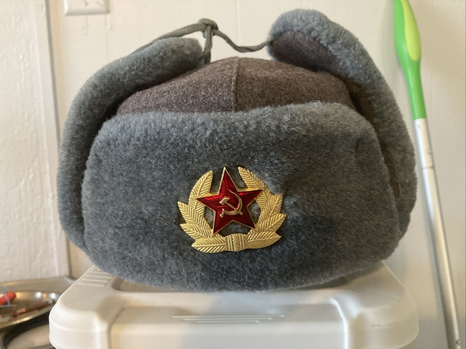 Vintage USSR Military Surplus Hat Ushanka Faux Fur Gray Blue w/ Emblem Size 56u