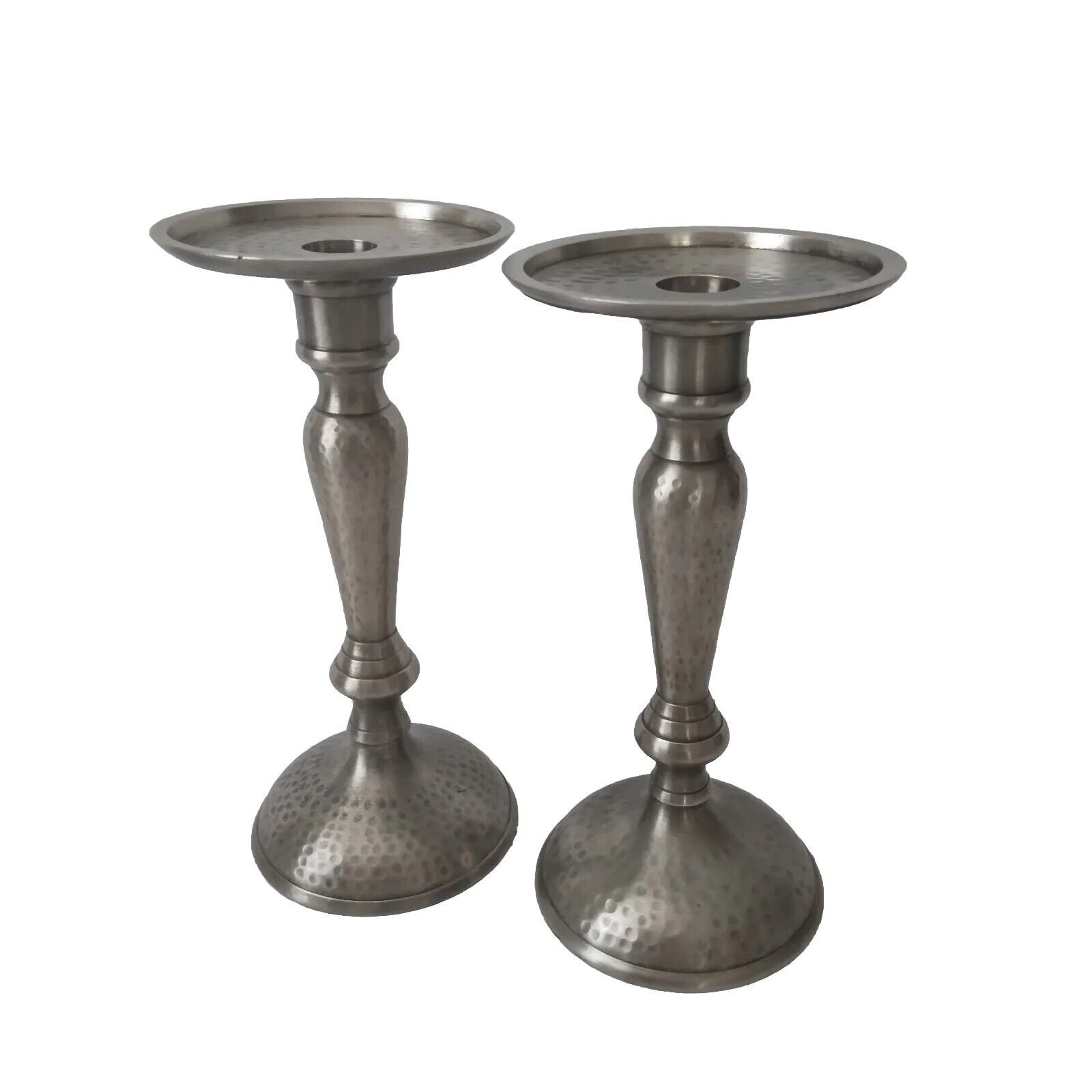 Pair Of Pewter Candle Holders Hammered Finish Taper Or Pillar Candles 9.25\