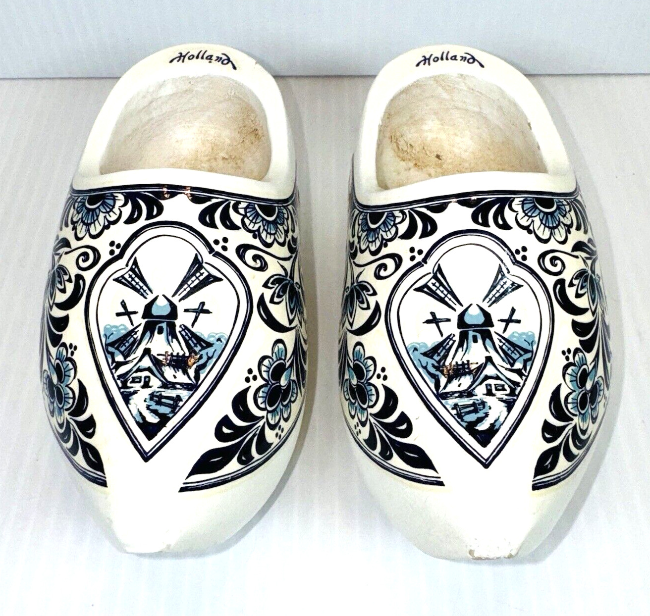 Vintage Holland Dutch Clog Blue & White Wooden Carved Shoes Hand Painted - EUC