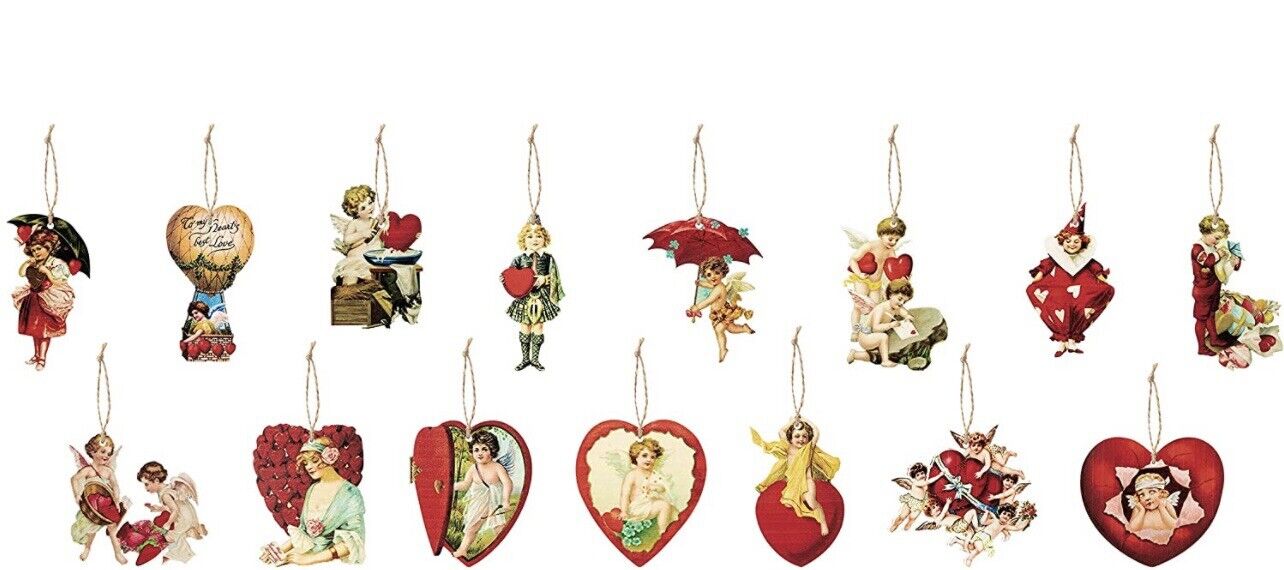 Valentines wooden “Vintage” hanging ornaments set of 15