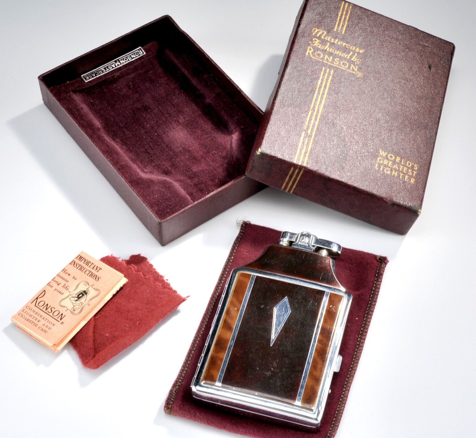 Vintage 1930's Art Deco Ronson Mastercase Lighter & Cigarette Case Combo in Box