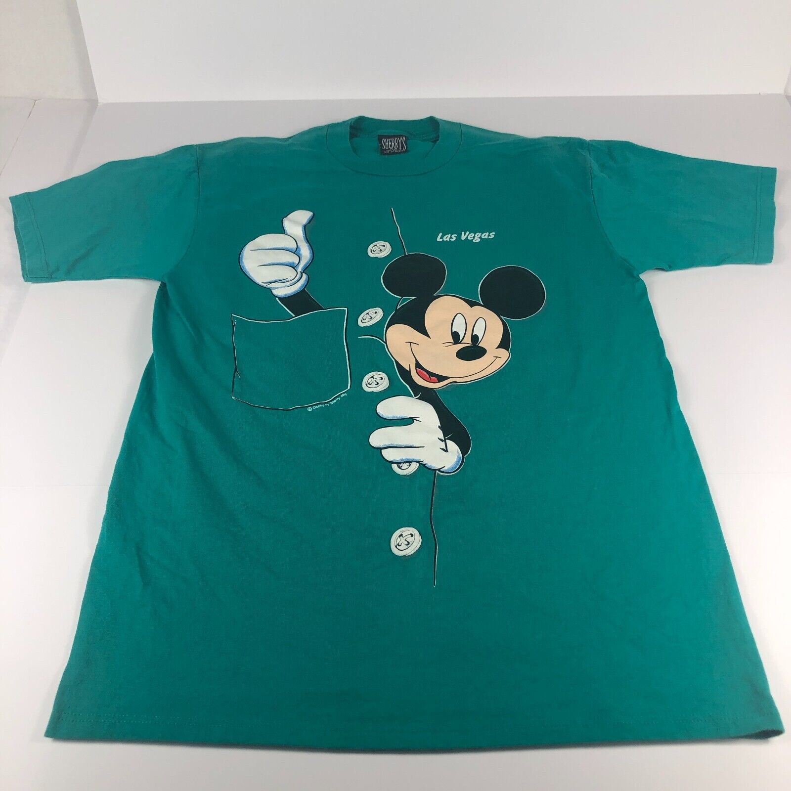 VTG 90s Sherry's Mickey Mouse Shirt Adult Large Green Mega Graphic Short Sleeve