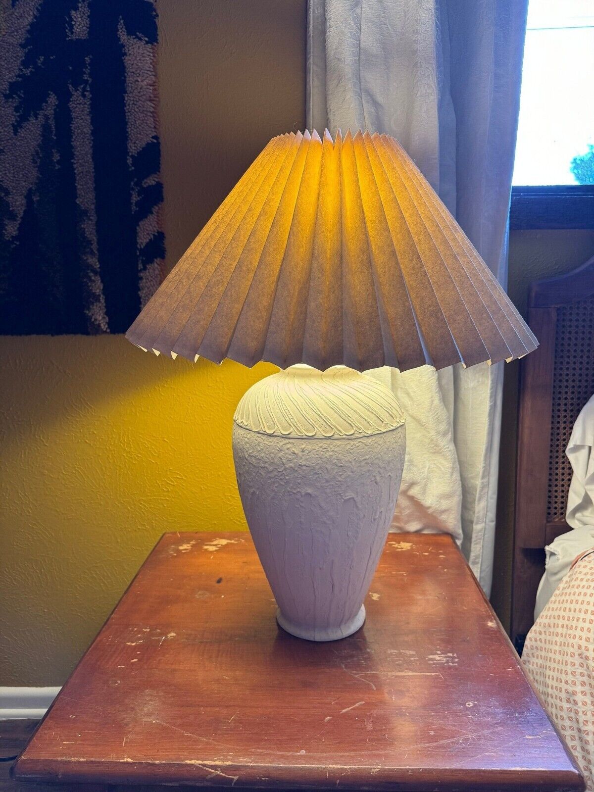 Vintage 80s 90s Plaster Table Lamp With Pleated Shade Postmodern Heavy