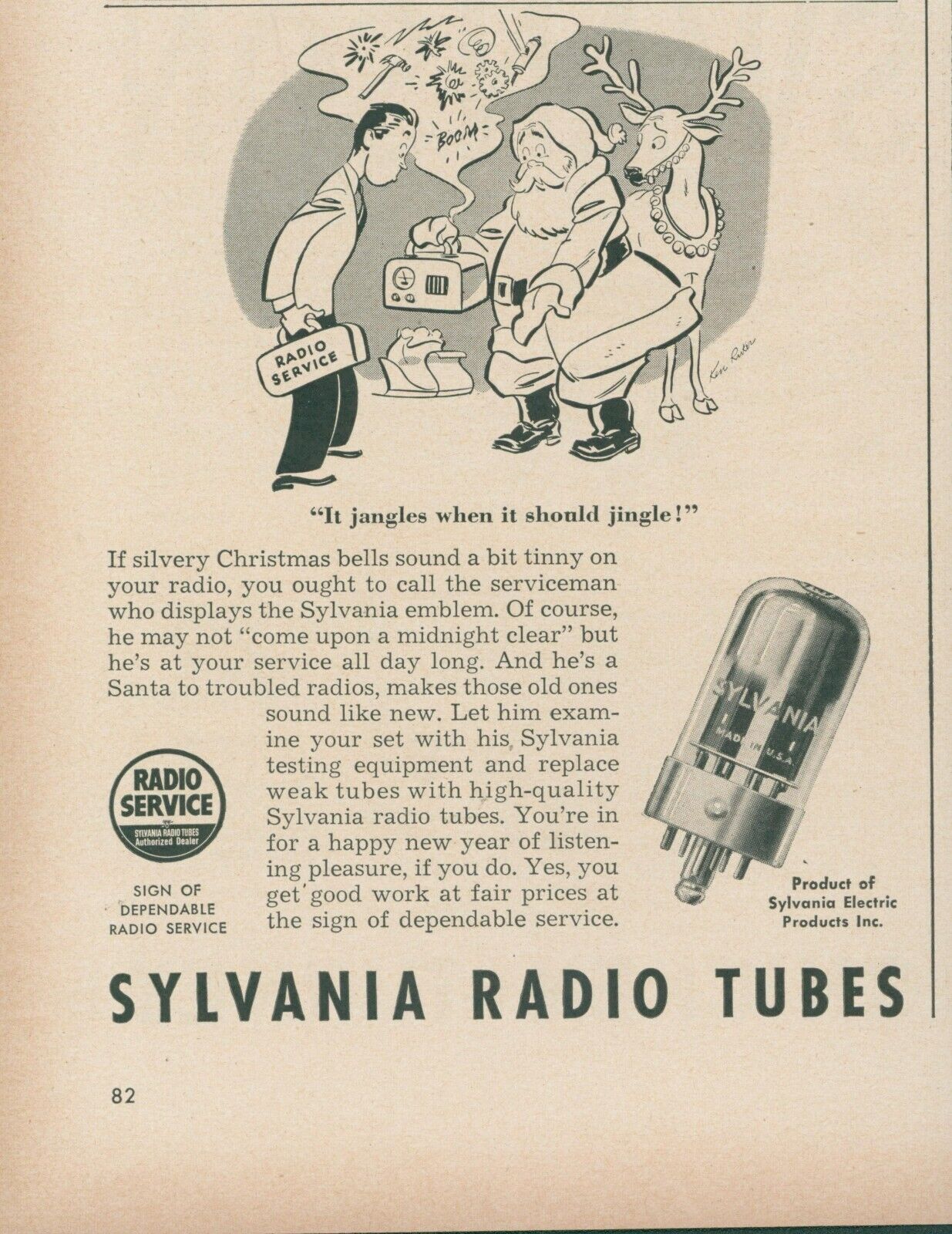 1948 Sylvania Radio Tubes Santa Claus Reindeer Sleigh Service Vtg Print Ad L15