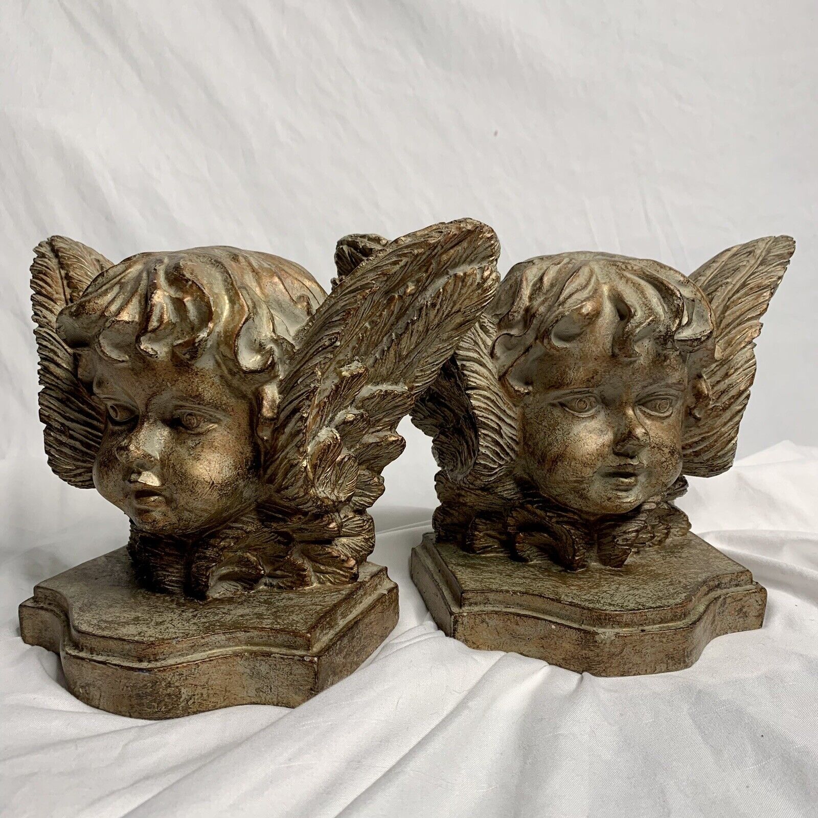 Pair of Heavy Solid Plaster Cherub Bookends - Verde Bust Statue
