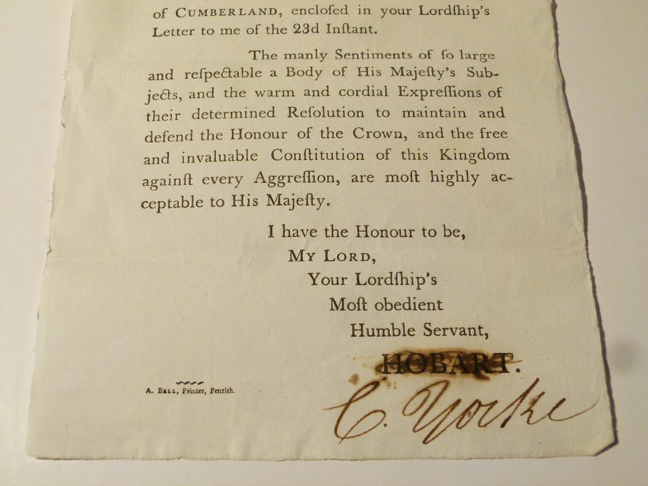 1803 Letter to Lord Viscount Lowther of Cumberland signed C Yorke Home Sec #CC22