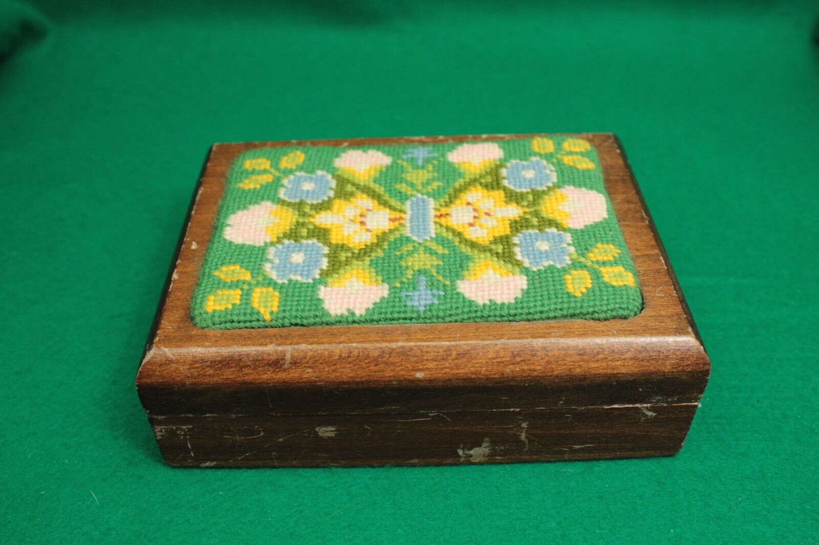 Vintage Handmade Wooden Playing Card Box Case Needlepoint Cover