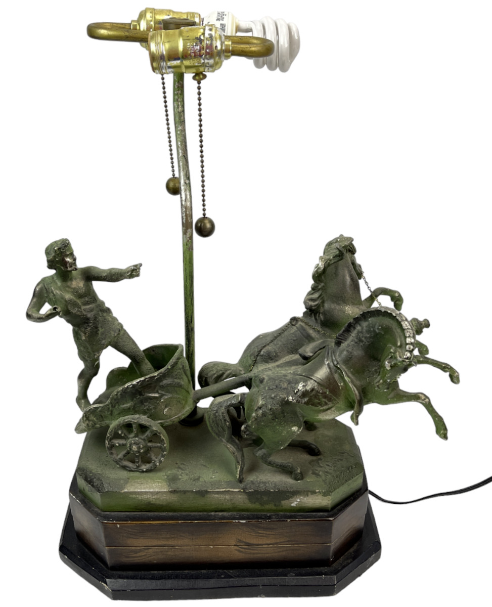 Vintage French Neoclassical Horse and Chariot Tole lamp