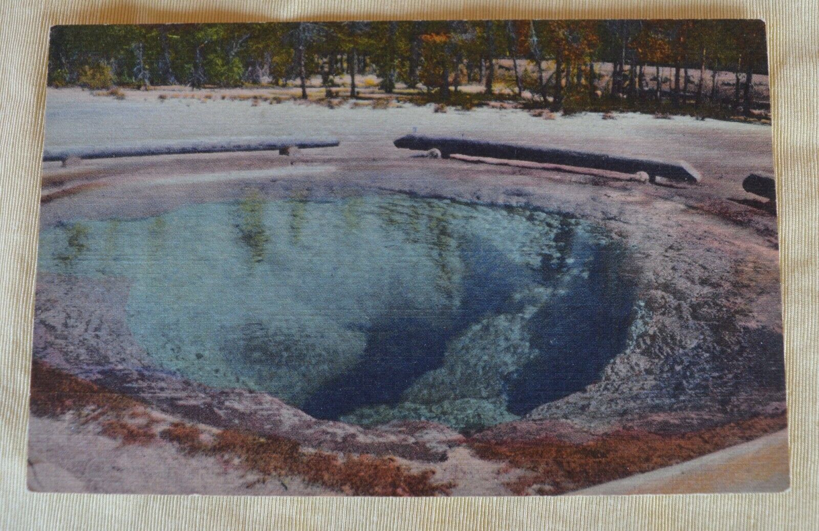 VTG Linen Postcard Union Pacific RR Yellowstone Nat\'l Park Morning Glory Pool