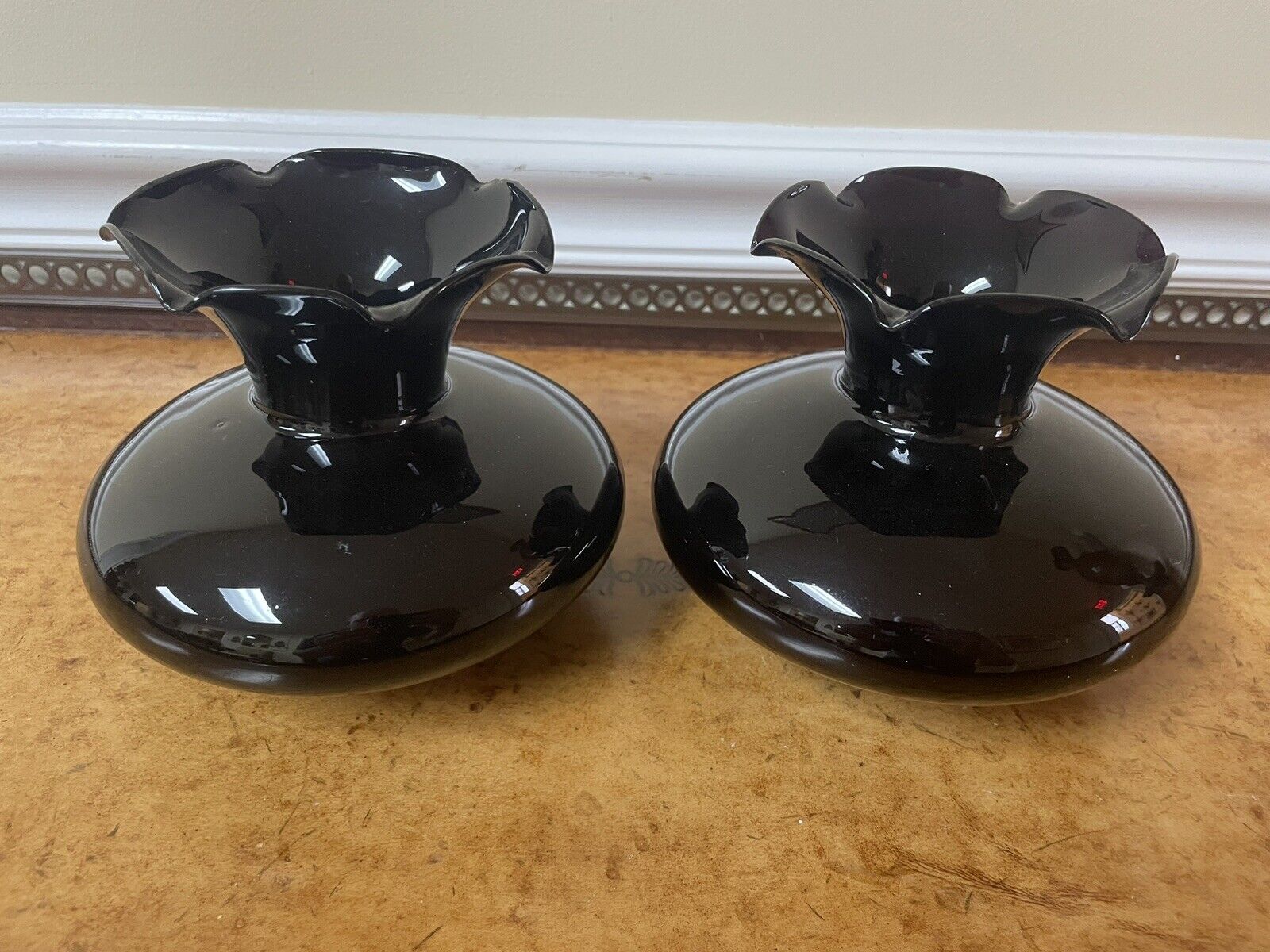 Pair Of Black Amethyst Glass Ruffled Vases