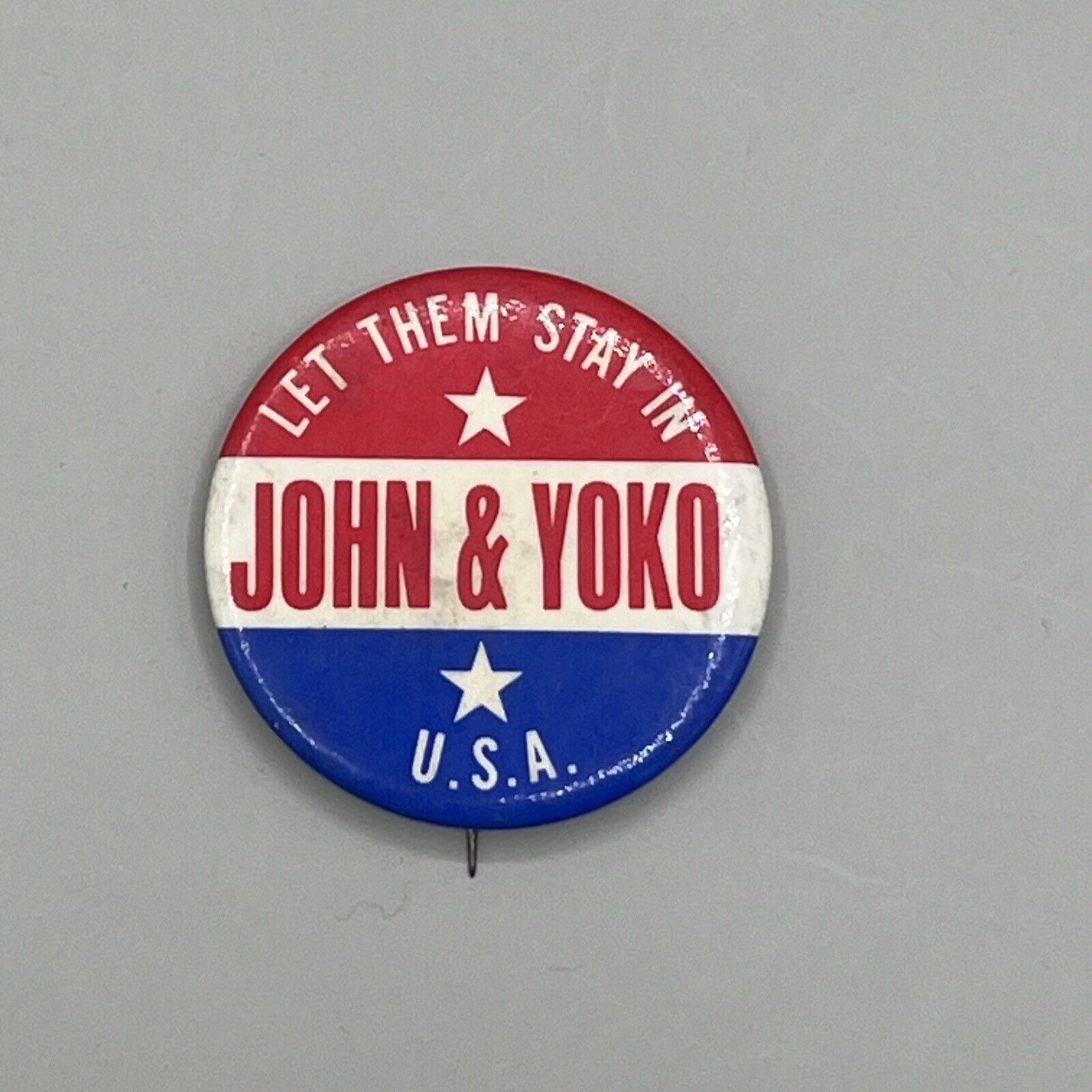John Lennon Yoko Ono Vintage Let Them Stay In Pinback Rare Beatles USA Music