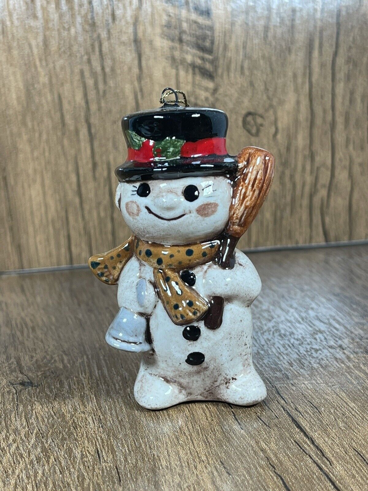 Vtg Ceramic pottery Snowman Figurine Handpainted Christmas Winter 3” Ornament