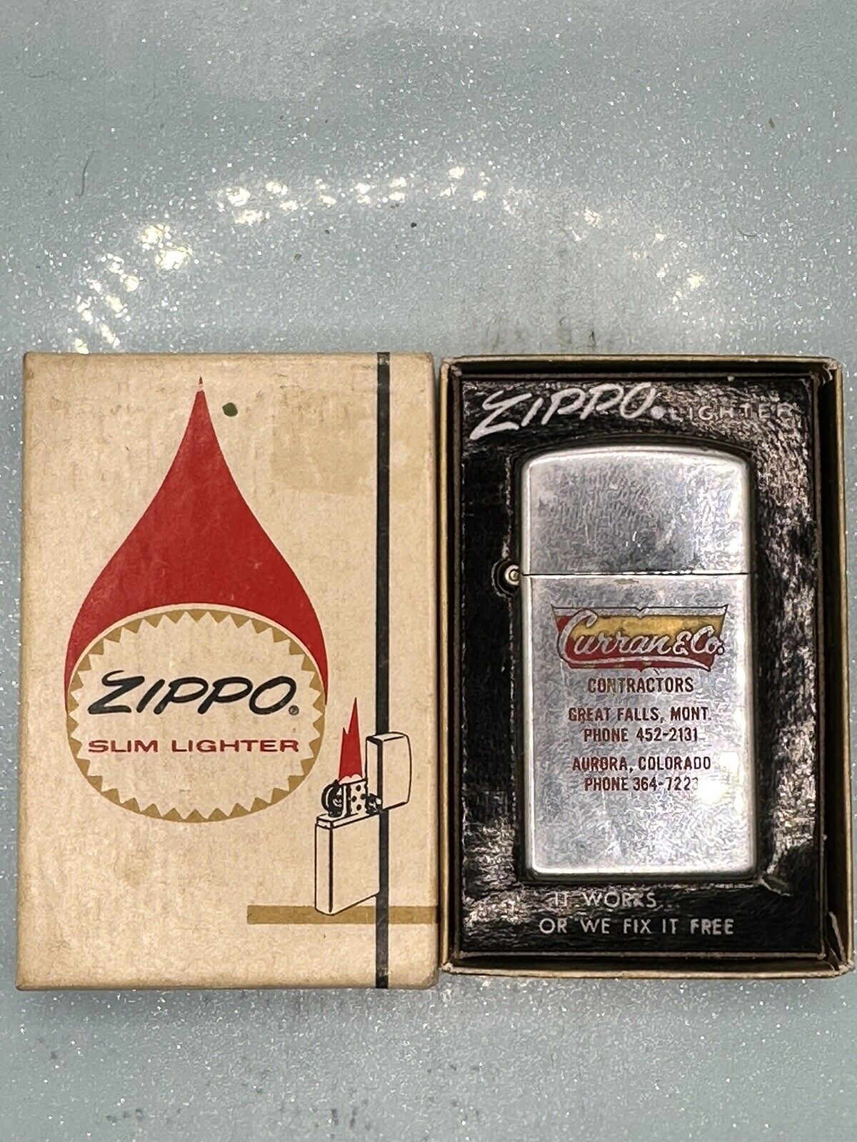 Vintage 1956 Curran & Co Advertising Slim Chrome Zippo Lighter NEW In Box