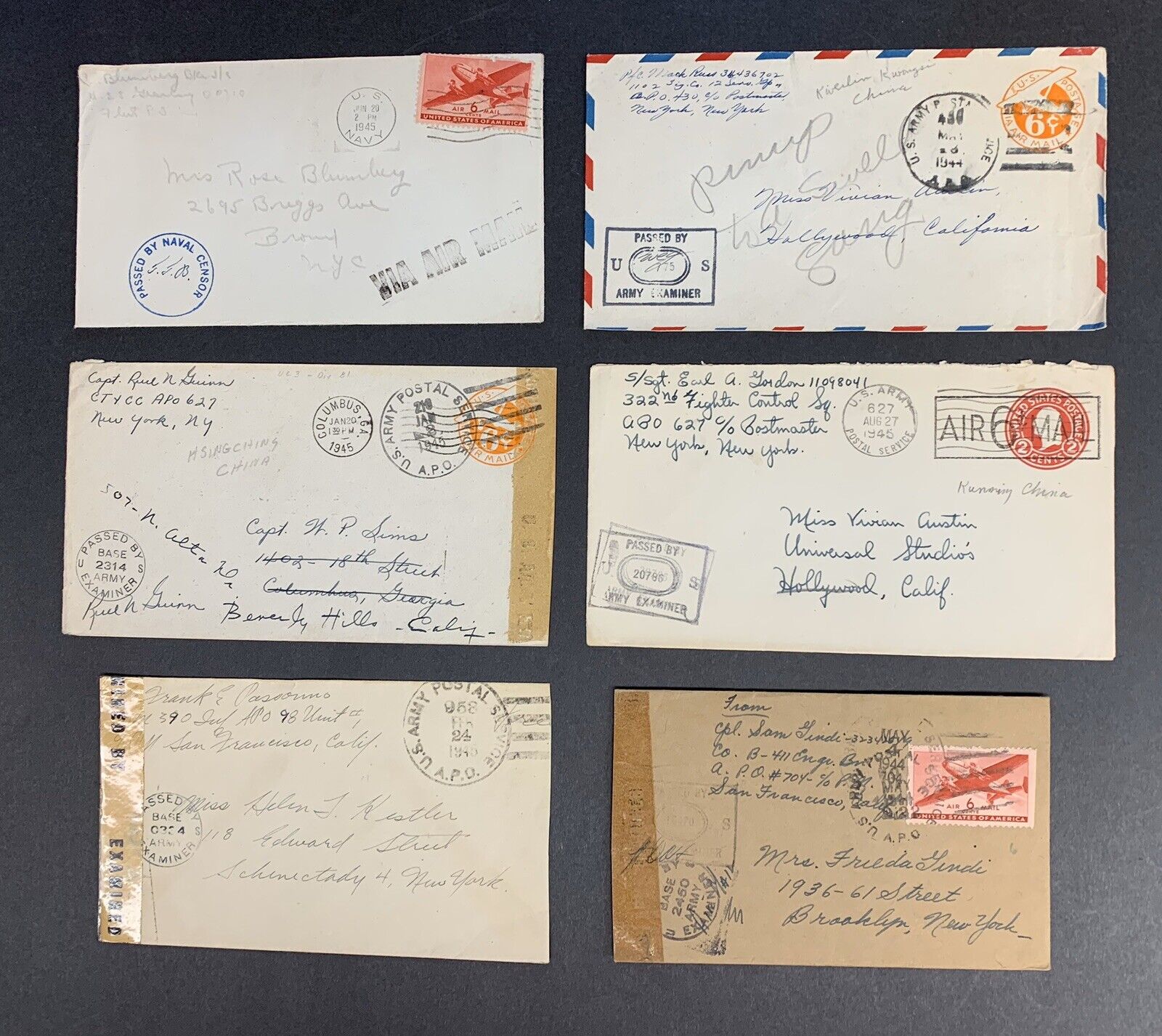 World War II, Lot of Six, 1944-1945, U.S. Army & Navy Censored Airmail Covers 