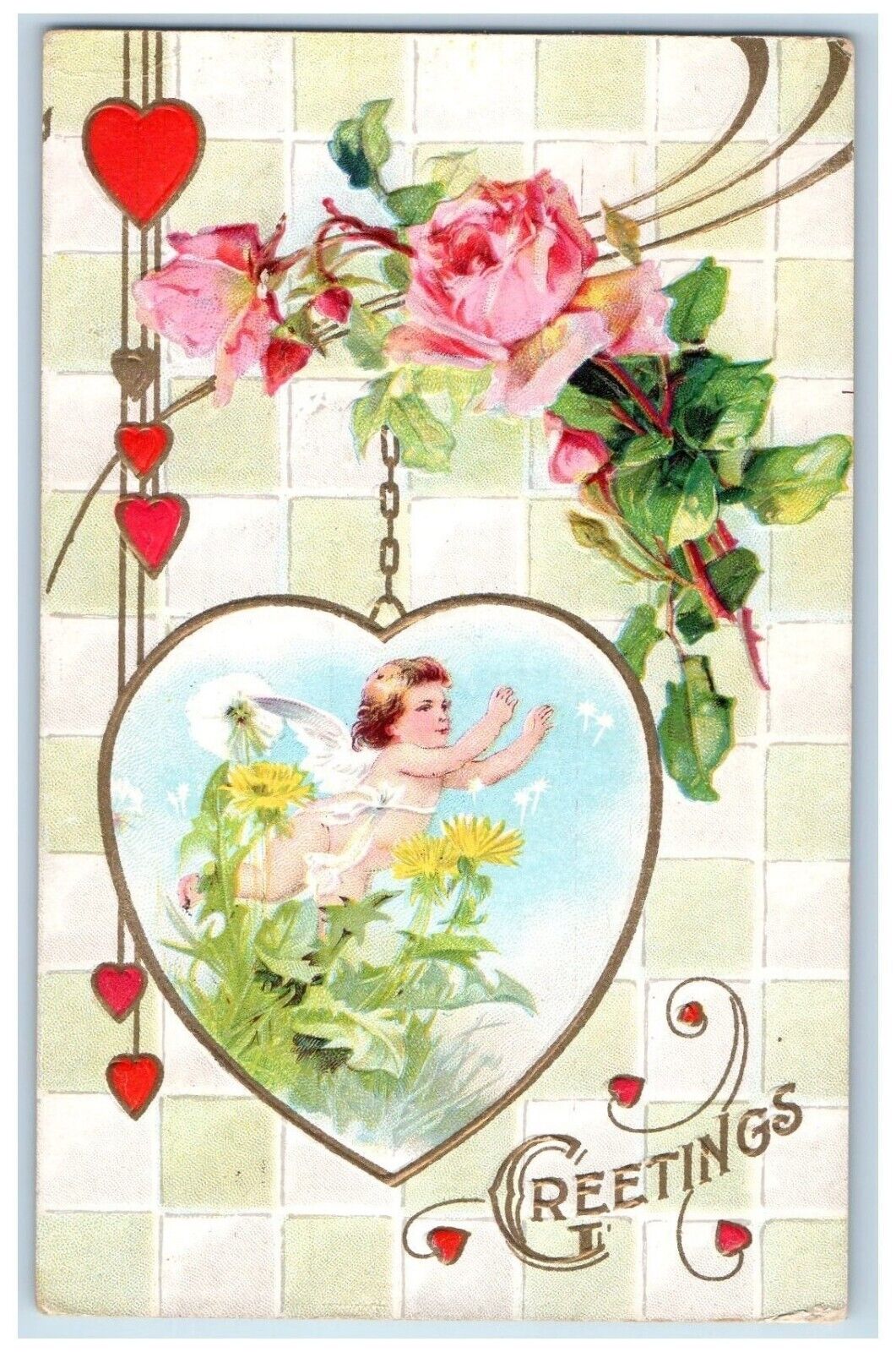 1912 Valentine Greetings Heart Angel Flowers Embossed Ithaca NY Antique Postcard