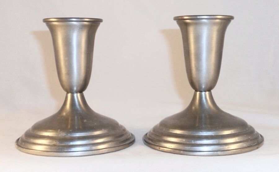 Pair Vintage Short Reed & Barton Pewter Classically Designed Candlestick Holders