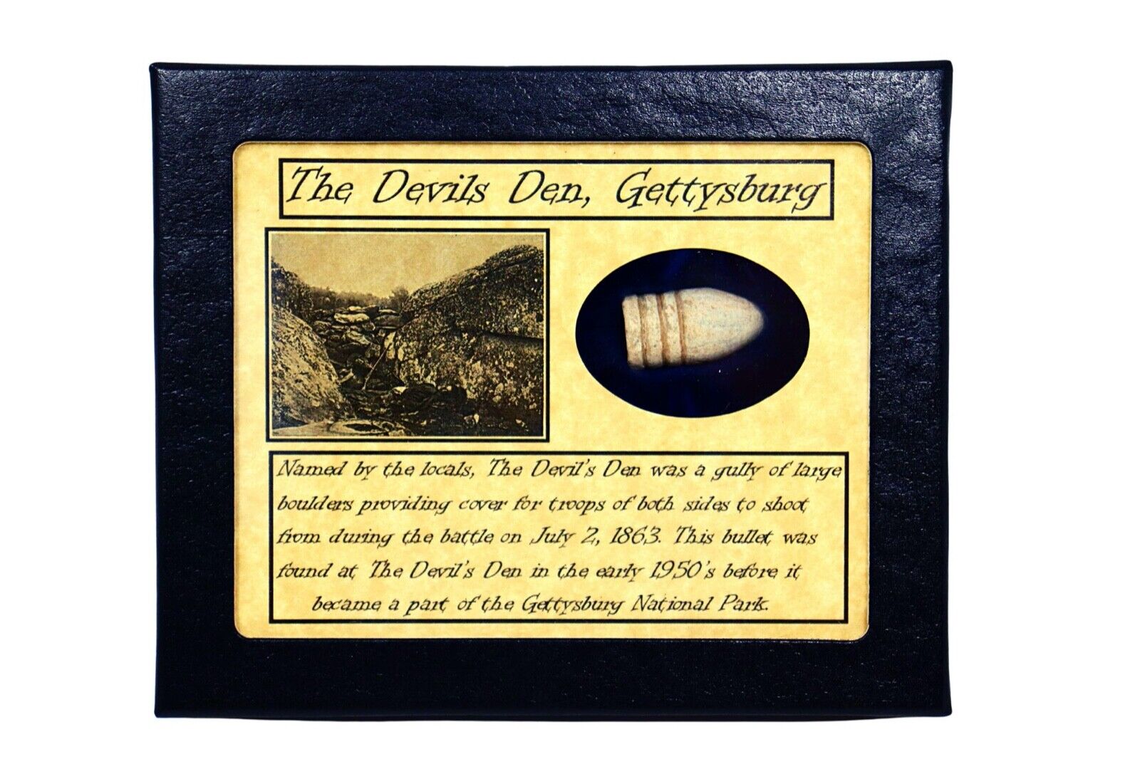 Devils Den Civil War Bullet from Gettysburg in Matted Display Case with COA