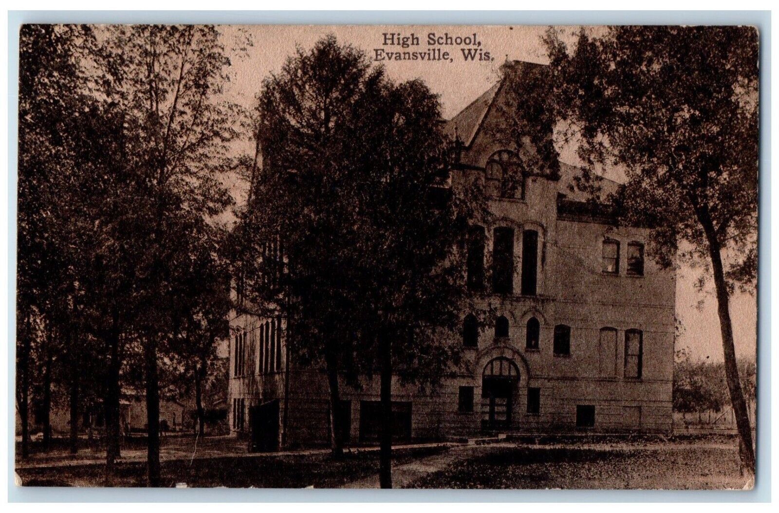c1910 High School Exterior Building Street Evansville Wisconsin Vintage Postcard